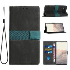 Per Google Pixel 7a Custodia in pelle con cuciture a griglia e cordino (nero)