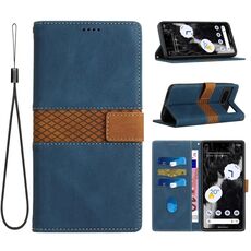 Per Google Pixel 7 Custodia in pelle con cuciture a griglia e cordino (blu)
