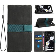 Per Google Pixel 7 Custodia in pelle con cuciture a griglia e cordino (nero)