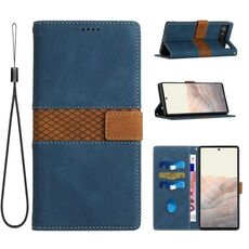 Per Google Pixel 6a Custodia in pelle con cuciture a griglia e cordino (blu)