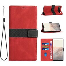 Per Google Pixel 6a Custodia in pelle con cuciture a griglia e cordino (rosso)