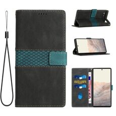 Per Google Pixel 6a Custodia in pelle con cuciture a griglia e cordino (nero)