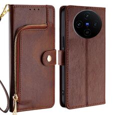Per vivo X100s Custodia per telefono in pelle con cerniera (marrone)