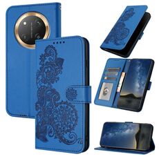 Custodia per telefono in pelle con stampa a fiori di Datura per Honor X9c Global (blu)