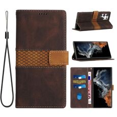 Per Samsung Galaxy S24 Ultra 5G Custodia in pelle con cuciture a griglia e cordino (marrone)