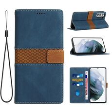 Per Samsung Galaxy S22+ 5G Custodia in pelle con cuciture a griglia e cordino (blu)