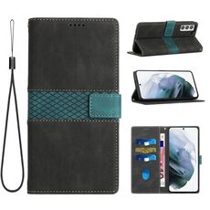 Per Samsung Galaxy S22+ 5G Custodia in pelle con cuciture a griglia e cordino (nero)