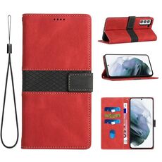Per Samsung Galaxy S22 5G Custodia in pelle con cuciture a griglia e cordino (rosso)