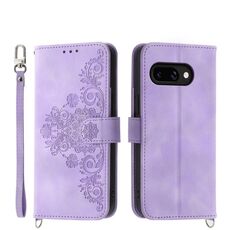 Per Google Pixel 9a Custodia in pelle con motivo a fiori in rilievo (viola)