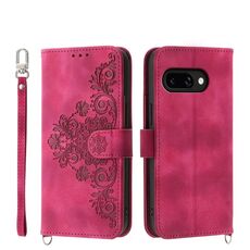 Per Google Pixel 9a Custodia in pelle con motivo a fiori in rilievo (rosso vino)