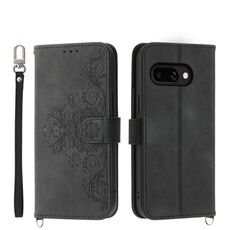 Per Google Pixel 9a Custodia in pelle con motivo a fiori in rilievo (nero)