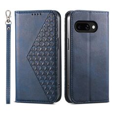 Per Google Pixel 9a Custodia per telefono magnetica in pelle di vitello con griglia cubica (blu)