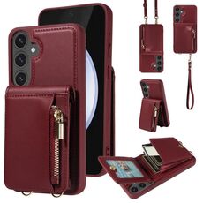 Per Samsung Galaxy S24 FE 5G Custodia a tracolla con cerniera in pelle per telefono cellulare (rosso vino)