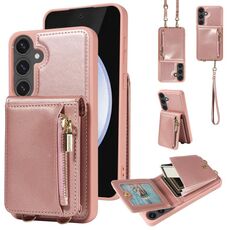 Per Samsung Galaxy S24 FE 5G Custodia a tracolla in pelle con cerniera e cordino (oro rosa)