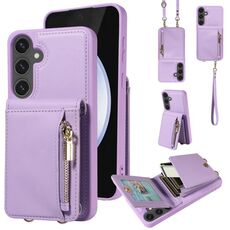 Per Samsung Galaxy S24 FE 5G Custodia a tracolla in pelle con cerniera e cordino (viola)