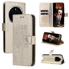 Custodia in pelle flip per telefono cellulare con motivo in rilievo albero e gatto per Honor Magic7 Pro (oro)