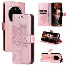 Custodia in pelle flip per telefono cellulare For Honor Magic7 Pro Tree & Cat Embossed Pattern (oro rosa)