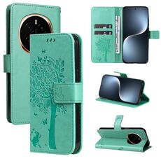 Custodia in pelle flip per telefono For Honor Magic7 con motivo in rilievo Tree & Cat (verde)
