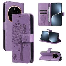 Custodia in pelle flip per telefono For Honor Magic7 con motivo in rilievo Tree & Cat (viola chiaro)