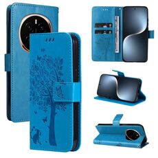 Custodia in pelle flip per telefono For Honor Magic7 con motivo in rilievo Tree & Cat (blu)