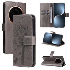 Custodia in pelle flip per telefono For Honor Magic7 con motivo in rilievo Tree & Cat (grigio)