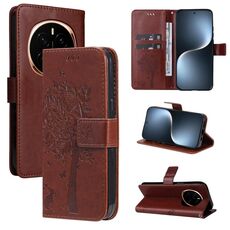Custodia in pelle flip per telefono For Honor Magic7 con motivo in rilievo Tree & Cat (caffè)