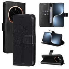 Custodia in pelle flip per telefono For Honor Magic7 con motivo in rilievo Tree & Cat (nero)