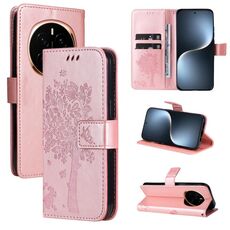 Custodia in pelle flip per telefono For Honor Magic7 con motivo in rilievo Tree & Cat (oro rosa)