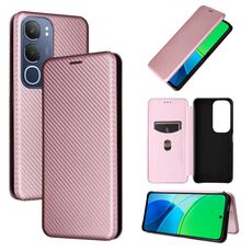 Per vivo Y19s 4G Custodia per telefono in pelle con texture in fibra di carbonio globale (rosa)
