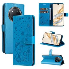 Per Honor X9C 5G Custodia in pelle antiurto con motivo a rilievo con gatto e ape globale (blu)