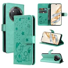 Per Honor X9C 5G Custodia in pelle antiurto con motivo a rilievo con gatto e ape globale (verde)