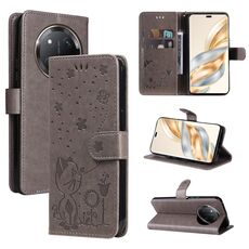 Per Honor X9C 5G Custodia in pelle antiurto con motivo a rilievo a forma di gatto e ape globale (grigio)