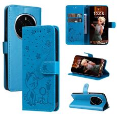 Custodia in pelle antiurto con motivo a rilievo per Honor Magic7 Pro Cat Bee (blu)