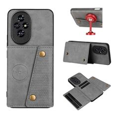Custodia magnetica per telefono con doppia fibbia e slot per schede per Honor 200 (grigio)