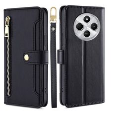 Per Redmi 14C 4G Custodia per telefono in pelle con cerniera a tracolla e texture di pecora (nera)