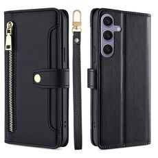Per Samsung Galaxy S25+ 5G Custodia per telefono in pelle con cerniera a tracolla e texture di pecora (nera)