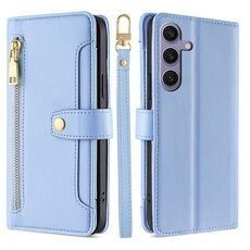 Per Samsung Galaxy S25+ 5G Custodia per telefono in pelle con cerniera a tracolla e texture di pecora (blu)