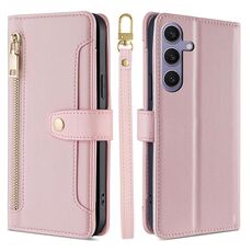 Per Samsung Galaxy S25+ 5G Custodia per telefono in pelle con cerniera a tracolla con texture di pecora (rosa)
