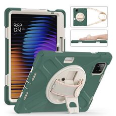 Per Xiaomi Pad 7 / 7 Pro Custodia per tablet ibrida in silicone per PC con supporto girevole con tracolla (Emreald Green)