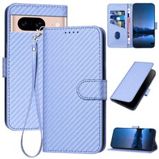 Per Google Pixel 8a YX0070 Custodia in pelle con fibbia in fibra di carbonio e cordino (viola chiaro)