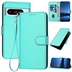 Per Google Pixel 8 Pro YX0070 Custodia in pelle con fibbia in fibra di carbonio e cordino (azzurro)