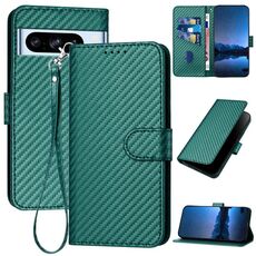 Per Google Pixel 8 Pro YX0070 Custodia in pelle con fibbia in fibra di carbonio e cordino (verde scuro)