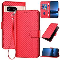 Per Google Pixel 8 YX0070 Custodia in pelle con fibbia in fibra di carbonio e cordino (rosso)
