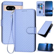Per Google Pixel 8 YX0070 Custodia in pelle con fibbia in fibra di carbonio e cordino (viola chiaro)