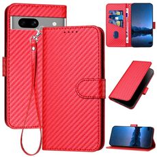 Per Google Pixel 7a YX0070 Custodia in pelle con fibbia in fibra di carbonio e cordino (rosso)