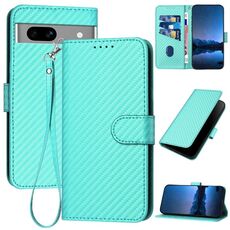 Per Google Pixel 7a YX0070 Custodia in pelle con fibbia in fibra di carbonio e cordino (azzurro chiaro)