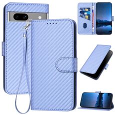 Per Google Pixel 7a YX0070 Custodia in pelle con fibbia in fibra di carbonio e cordino (viola chiaro)