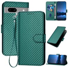 Per Google Pixel 7a YX0070 Custodia in pelle con fibbia in fibra di carbonio e cordino (verde scuro)