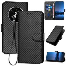 Custodia per telefono in pelle con fibbia in fibra di carbonio per Honor Magic7 YX0070 con cordino (nero)