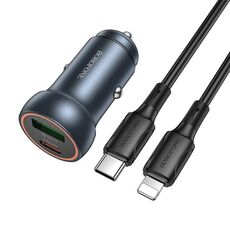 BOROFONE BZ32A Fresh PD30W Caricabatterie per auto USB Type-C e QC3.0 con cavo a 8 pin da 1 m (grigio metallizzato)